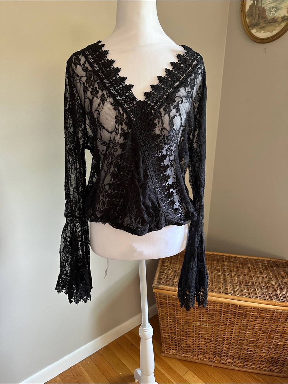 Polly & Esther Sheer Black Lace V-Neck Blouse with Bell Sleeve, Sz XL
